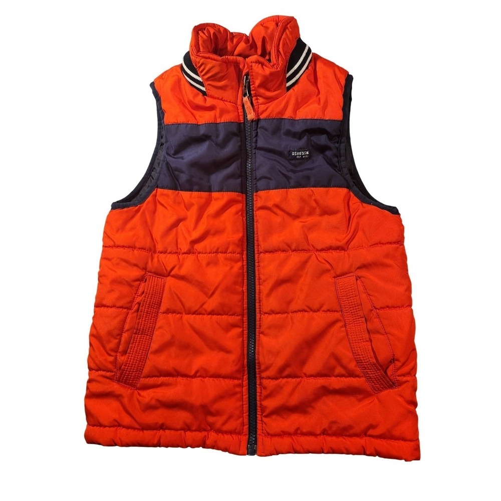 OshKosh B'gosh Vest Kids Size 8 Orange Puffer Insulated Colorblock Stripe Collar